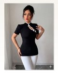 Kadın Beyaz Şerit Detaylı Dar Kesim Dik Yaka Bluz