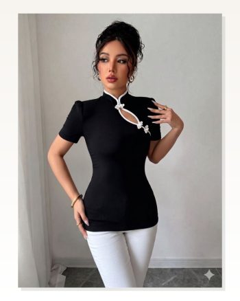 Kadın Beyaz Şerit Detaylı Dar Kesim Dik Yaka Bluz