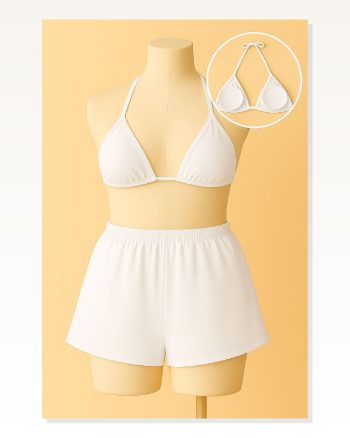 Kadın Kombin Şıklığı Beyaz Şortlu Belden ve Boyundan Bağlamalı Bikini I Takım