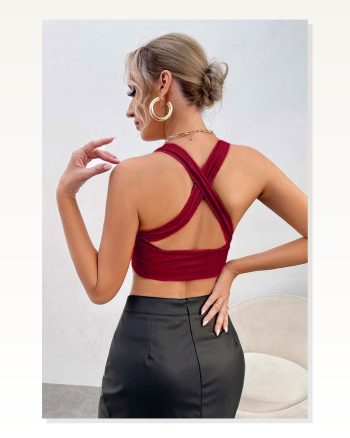 Kadın Modern Stil Bordo Çapraz Sırt Detaylı Şık Crop Top Büstiyer