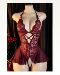 Kadın Bordo Dantel ve Tül Detaylı Derin V Yaka Teddy Gecelik Marketplace