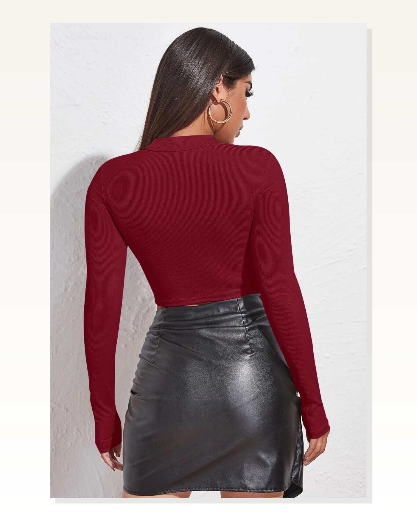 Kadın Zarif Dokunuş Bordo Göğüs Dekolteli Uzun Kollu Cut Out Crop Top Bluz Marketplace blank