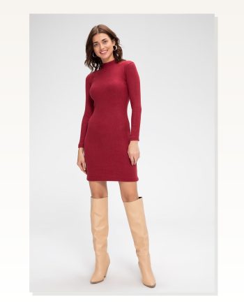 Kadın Fit Duruş Bordo Kaşkorse Balıkçı Yaka Uzun Kollu Bodycon Mini Elbise