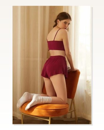 Kadın Rahat Duruş Bordo Şortlu Kaşkorse Takım Gecelik