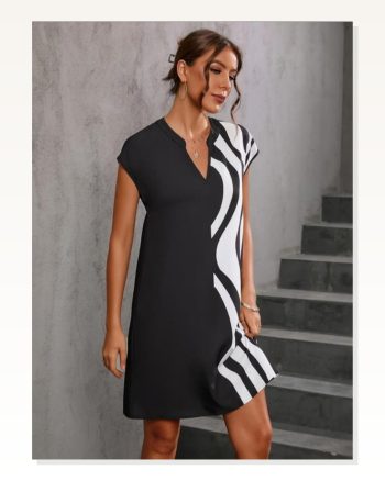 Kadın Dokuma Viskon Kumaş V Yaka Zebra Desenli Elbise