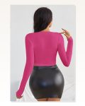 Kadın Zarif Dokunuş Fuşya Uzun Kol Kare Yaka Crop Top Bluz