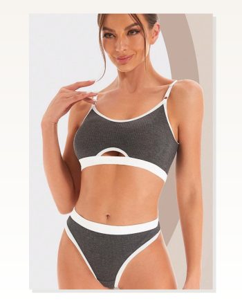 Kadın Kombin Şıklığı Gri Antrasit Kaşkorse ve Beyaz Lastikli Cut-out Tanga Külotlu Takım