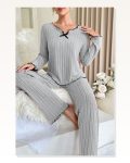 Kadın Kombin Şıklığı Gri Çizgili Uzun Kollu Fiyonk Detaylı Rahat Mevsimlik Pijama Takımı