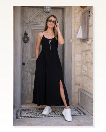 Kadın Ip Askılı Yuvarlak Yakalı Önden Yırtmaçlı Cep Detaylı Uzun Viskon Elbise