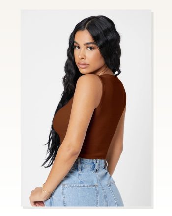 Kadın Zarif Dokunuş Kahverengi Kare Yaka Crop Top Bluz