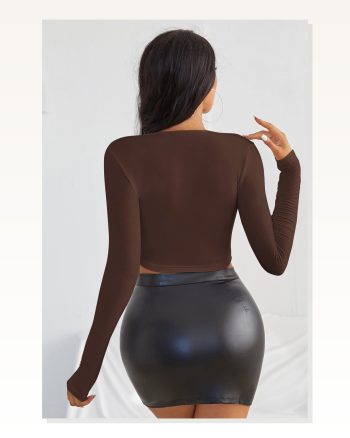 Kadın Zarif Dokunuş Kahverengi Uzun Kol Kare Yaka Crop Top Bluz