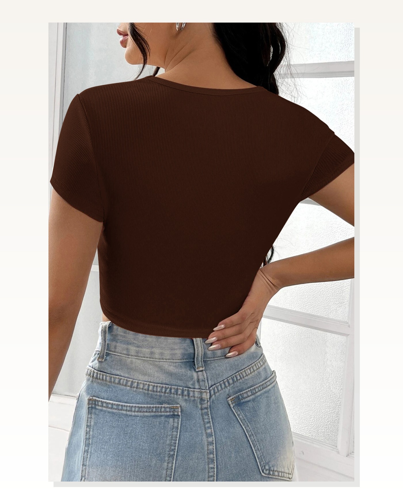Kadın Zarif Dokunuş Kahverengi Yarım Kol Düz Yaka Crop Top Bluz Marketplace blank