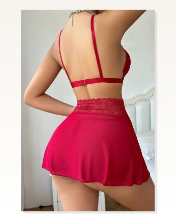 Kadın Kırmızı Göğsü ve Beli Dantel Detaylı Etekli Takım