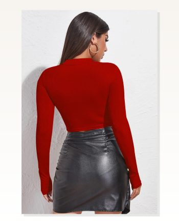Kadın Zarif Dokunuş Kırmızı Göğüs Dekolteli Uzun Kollu Cut Out Crop Top Bluz