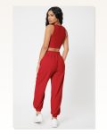 Kadın Kırmızı Kaşkorse Cepli Jogger Eşofman Altı ve Crop Top Bluz