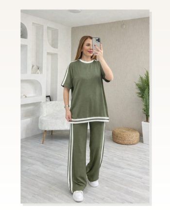 Kadın Kısa Kollu Bisiklet Yaka Çift Renk Şerit Detaylı Viskon Iki Iplik Bluz ve Pantolon Ikili Takım