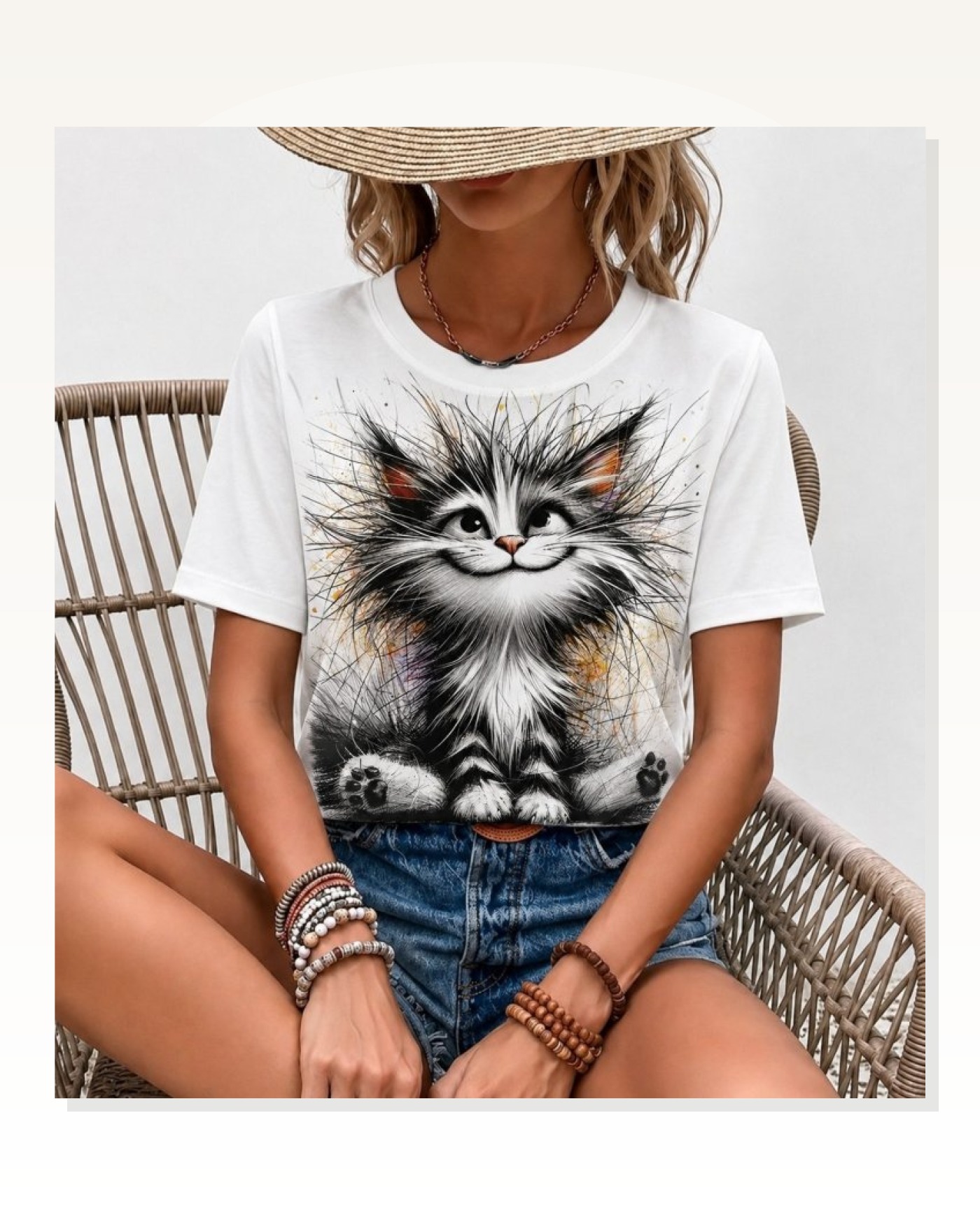 Kadın Kısa Kollu Bisiklet Yaka Kedi Baskılı Süprem Bluz Marketplace blank