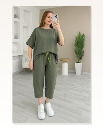 Kadın Kısa Kollu Bisiklet Yaka Viskon Iki Iplik Bluz ve Pantolon Ikili Takım