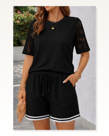 Kadın Kısa Kollu Bisiklet Yakalı Waffle Bluz ve Short Ikili Takım