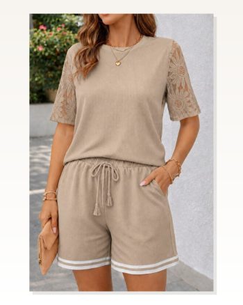 Kadın Kısa Kollu Bisiklet Yakalı Waffle Bluz ve Short Ikili Takım