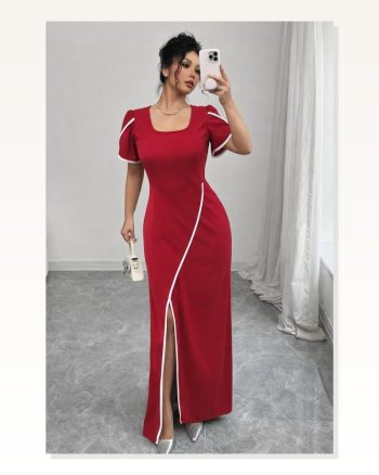 Kadın Kısa Kollu Kare Yakalı Önden Çapraz Kesim Detaylı Krep Elbise