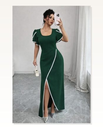 Kadın Kısa Kollu Kare Yakalı Önden Çapraz Kesim Detaylı Krep Elbise