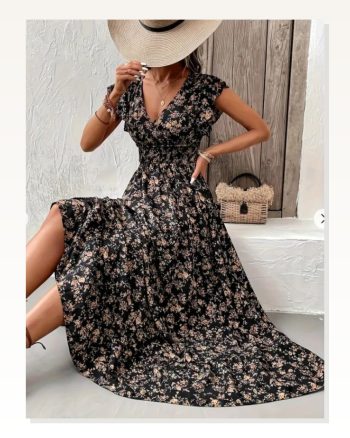 Kadın Kısa Kollu Kruvaze Yaka Beli Lastikli Çiçek Desenli Elbise