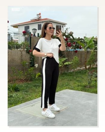 Kadın Kısa Kollu Modal Dokulu Kumaş Yanı Şeritli Takım