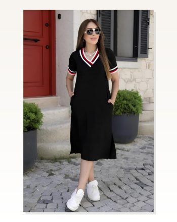 Kadın Kısa Kollu V Yaka Ribana Detay Midiboy Viskon Elbise