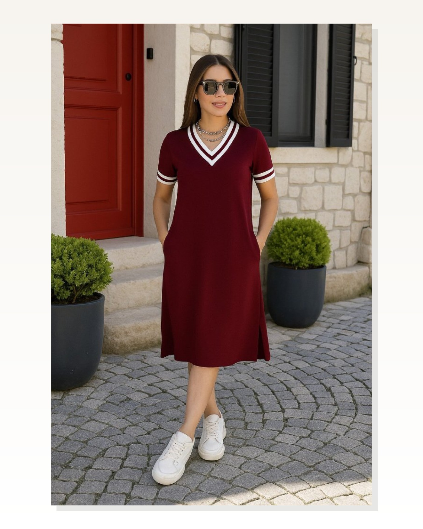 Kadın Kısa Kollu V Yaka Ve Yaka Ribana Detay Midiboy Viskon Elbise Marketplace blank