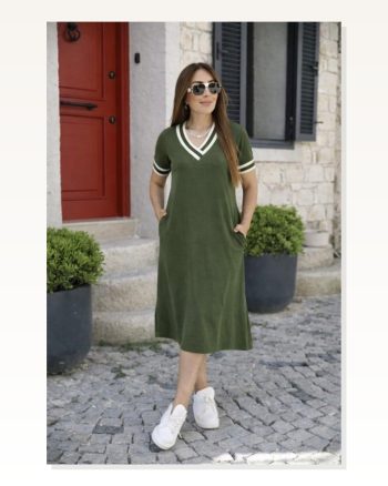 Kadın Kısa Kollu V Yaka ve Ribana Detay Midiboy Viskon Elbise