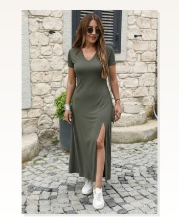 Kadın Kısa Kollu V Yakalı Maksi Boy Viskon Elbise