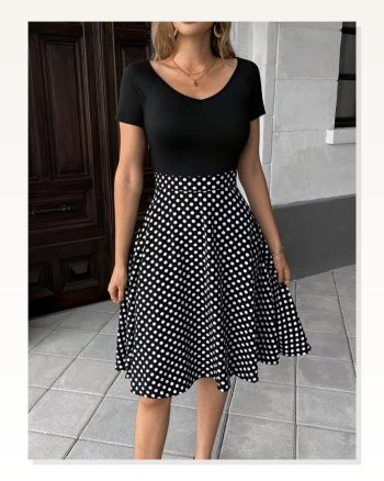Kadın Kısa Kollu V Yakalı Üst Viskon Alt Puantiyeli Örme Krep Elbise