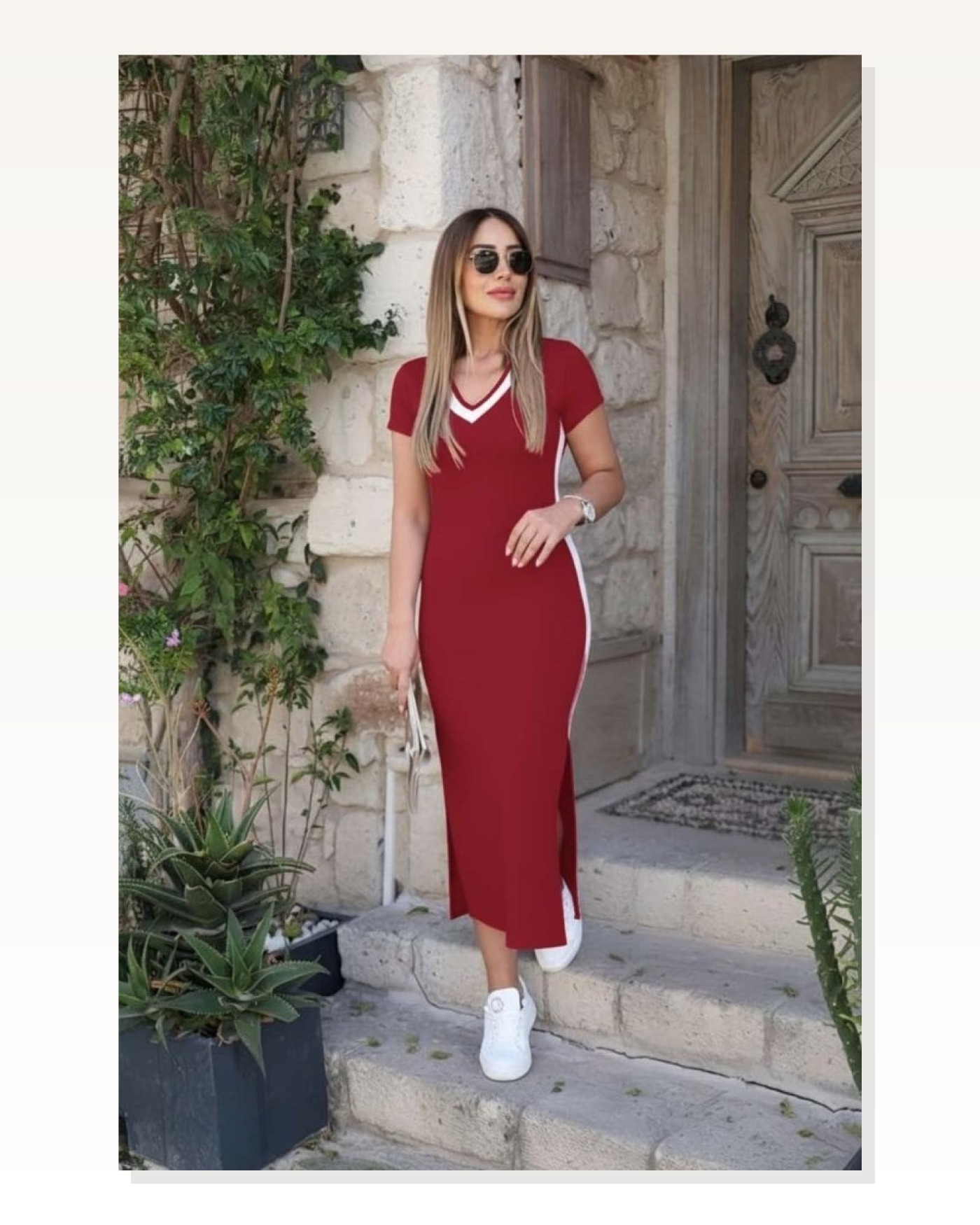 Kadın Kısa Kollu V Yakalı Yandan şerit Ve Yırtmaçlı Viskon Uzun Elbise Marketplace blank