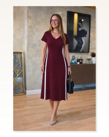 Kadın Kısa Kollu V Yakalı Yanları Şerit Detaylı Viskon Iki Iplik Midi Elbise