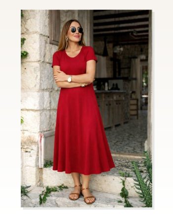 Kadın Kısa Kollu V Yakalı Yırtmaçlı Midi Viskon Elbise