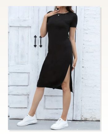 Kadın Kısa Kollu Yanı Yırtmaçlı Bisiklet Yaka Dizde Viskon Elbise