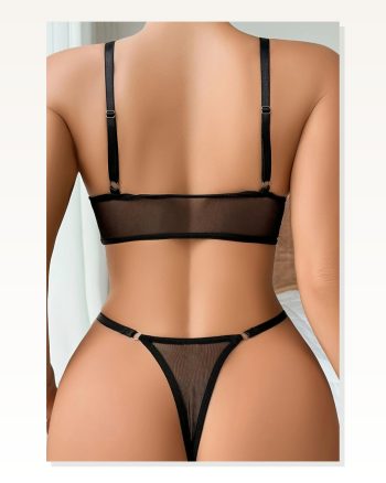 Kadın Kombin Şıklığı Siyah Transparan Tül Bralet Tanga İç Giyim I TM1383 Takım