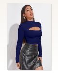 Kadın Zarif Dokunuş Lacivert Göğüs Dekolteli Uzun Kollu Cut Out Crop Top Bluz