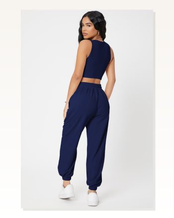 Kadın Lacivert Kaşkorse Cepli Jogger Eşofman Altı ve Crop Top Bluz