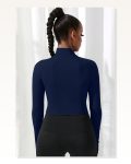 Kadın Zarif Dokunuş Lacivert Uzun Kol Fermuarlı Parmak Geçme Detaylı Dik Yaka Crop Top Bluz