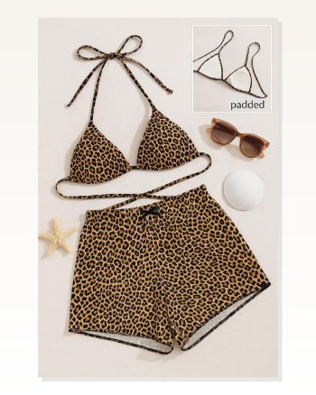 Kadın Leopar Desenli Şortlu Belden ve Boyundan Bağlamalı Bikini Takımı