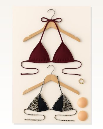 Kadın Desenli Modern Stil Leopar ve Bordo Minimal Kesim Üçgen Bikini Üstü