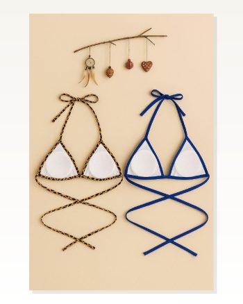Kadın Desenli Modern Stil Leopar ve Mavi Minimal Kesim Üçgen Bikini Üstü