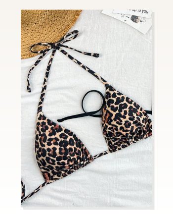 Kadın Desenli Modern Stil Leopar ve Siyah Minimal Kesim Üçgen Bikini Üstü