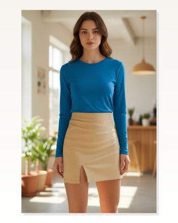 Kadın Modern Stil Mavi Parmak Detaylı Esnek Uzun Kollu Body