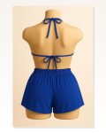 Kadın Kombin Şıklığı Mavi Şortlu Belden ve Boyundan Bağlamalı Bikini I Takım