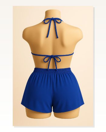 Kadın Kombin Şıklığı Mavi Şortlu Belden ve Boyundan Bağlamalı Bikini I Takım