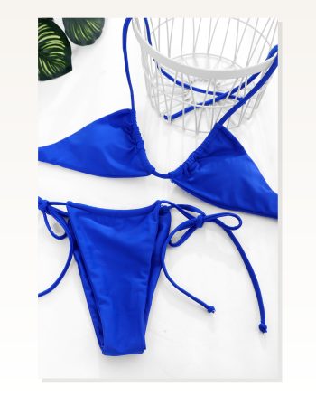 Kadın Kombin Şıklığı Mavi Yandan Bağlamalı Tangalı Üçgen Bikini Mayo I Takım