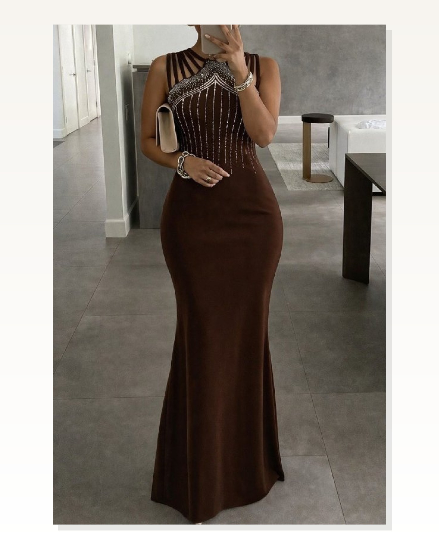 Kadın Omuz çoklu Askılı önü Taş Işlemeli Balık Kesim Janjan Krep Maxi Boy Elbise Marketplace blank
